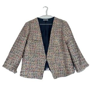 Samantha Dru Textured Metallic Tweed Open Front Neutral Blazer Jacket Medium